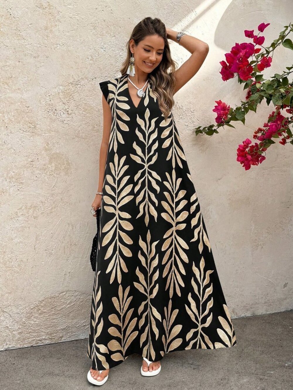Multicolor Casual Women's Leaf Patterned Dress - Picture 4 of 4